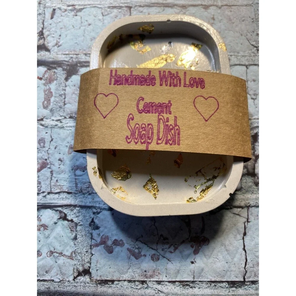 Handmade Soap Dish Cement Soap Holder Bathroom Kitchen Self Draining Gold Flake